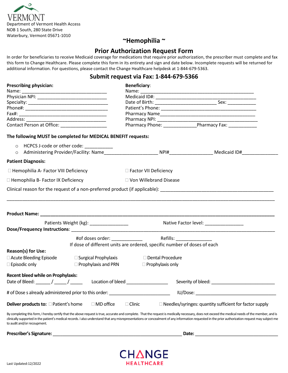 Hemophilia Prior Authorization Request Form - Vermont, Page 1