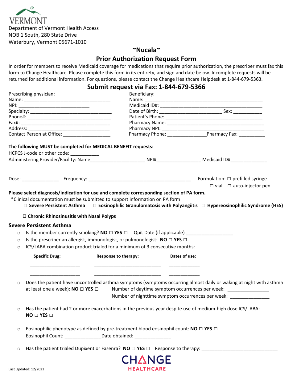 Nucala Prior Authorization Request Form - Vermont, Page 1