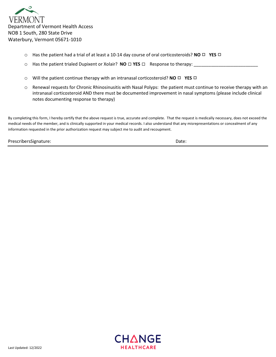 Nucala Prior Authorization Request Form - Vermont, Page 3