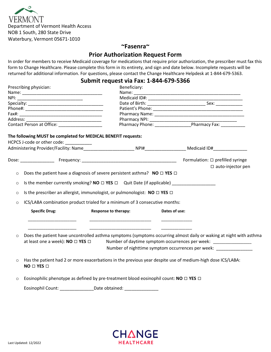 Fasenra Prior Authorization Request Form - Vermont, Page 1