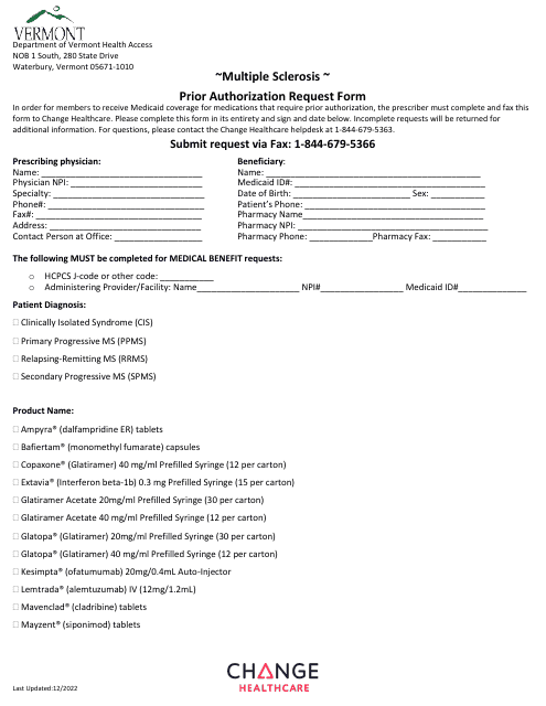 Multiple Sclerosis Prior Authorization Request Form - Vermont Download Pdf