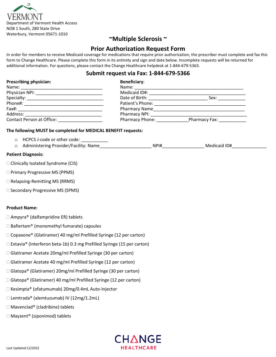 Multiple Sclerosis Prior Authorization Request Form - Vermont, Page 1