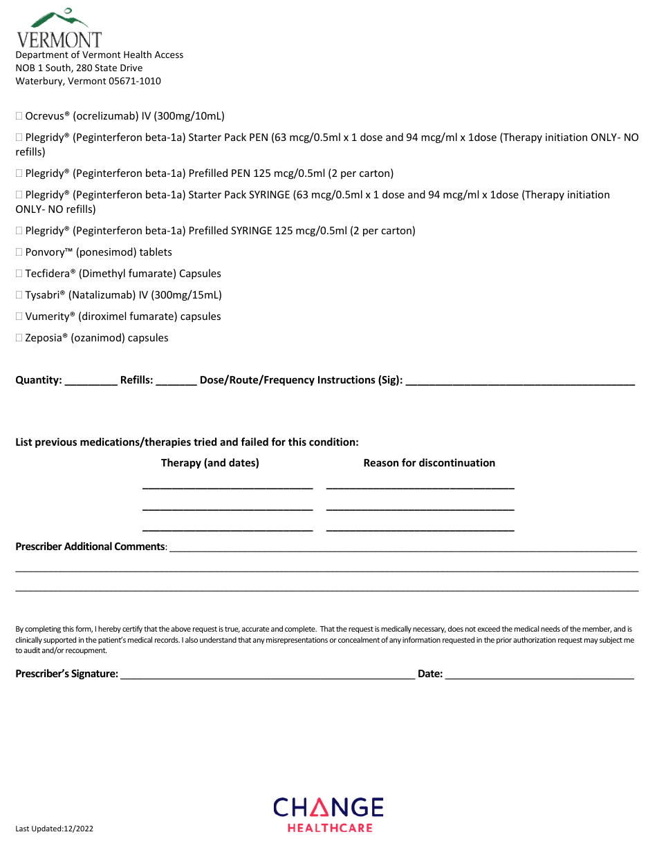 Multiple Sclerosis Prior Authorization Request Form - Vermont, Page 2
