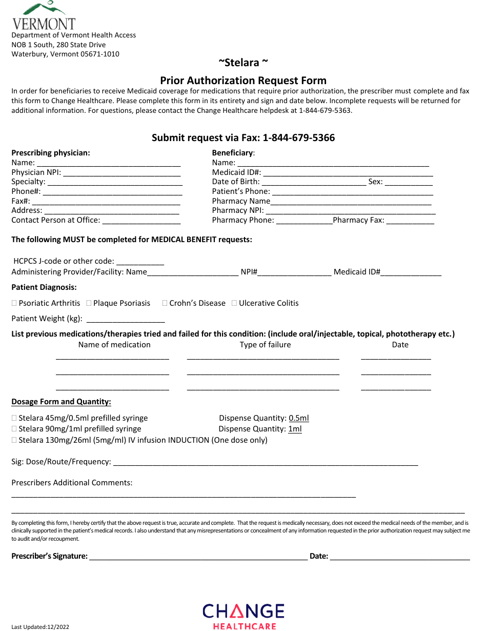 Stelara Prior Authorization Request Form - Vermont, Page 1