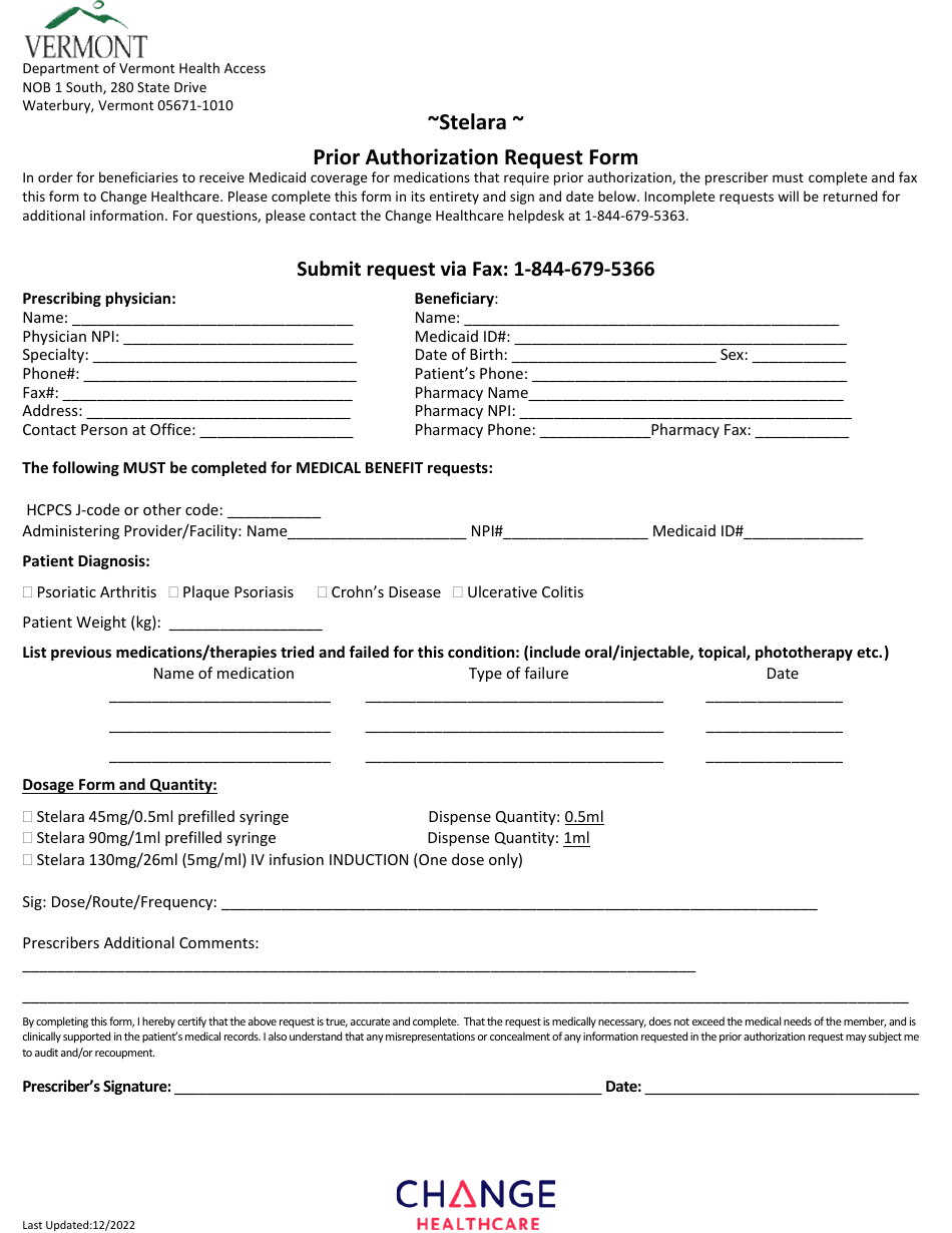 Vermont Stelara Prior Authorization Request Form Download Printable PDF