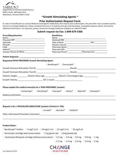 Growth Stimulating Agents Prior Authorization Request Form - Vermont Download Pdf