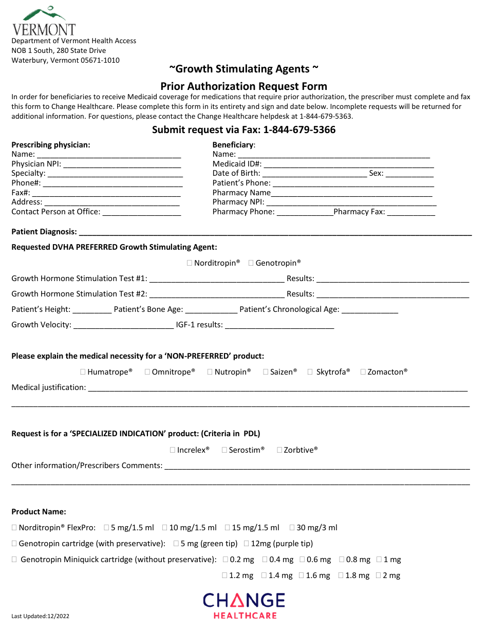 Growth Stimulating Agents Prior Authorization Request Form - Vermont, Page 1