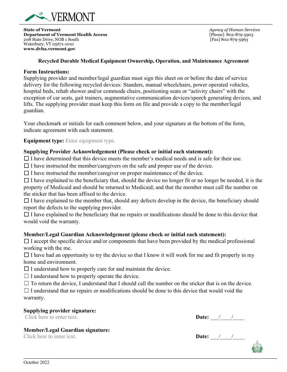 Recycled Durable Medical Equipment Ownership, Operation, and Maintenance Agreement - Vermont, Page 1