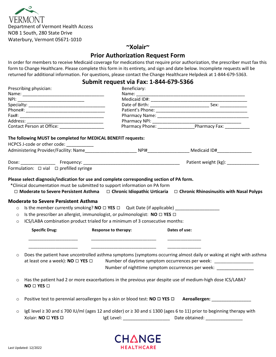 Xolair Prior Authorization Request Form - Vermont, Page 1