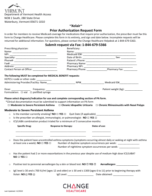 Xolair Prior Authorization Request Form - Vermont Download Pdf
