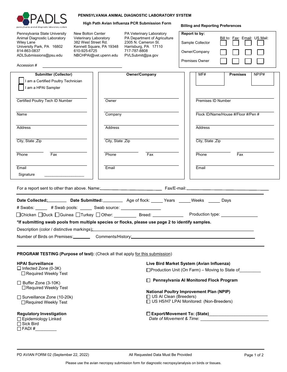 PD AVIAN Form 02 High Path Avian Influenza Pcr Submission Form - Pennsylvania, Page 1