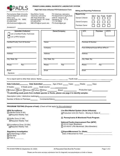 PD AVIAN Form 02 High Path Avian Influenza Pcr Submission Form - Pennsylvania