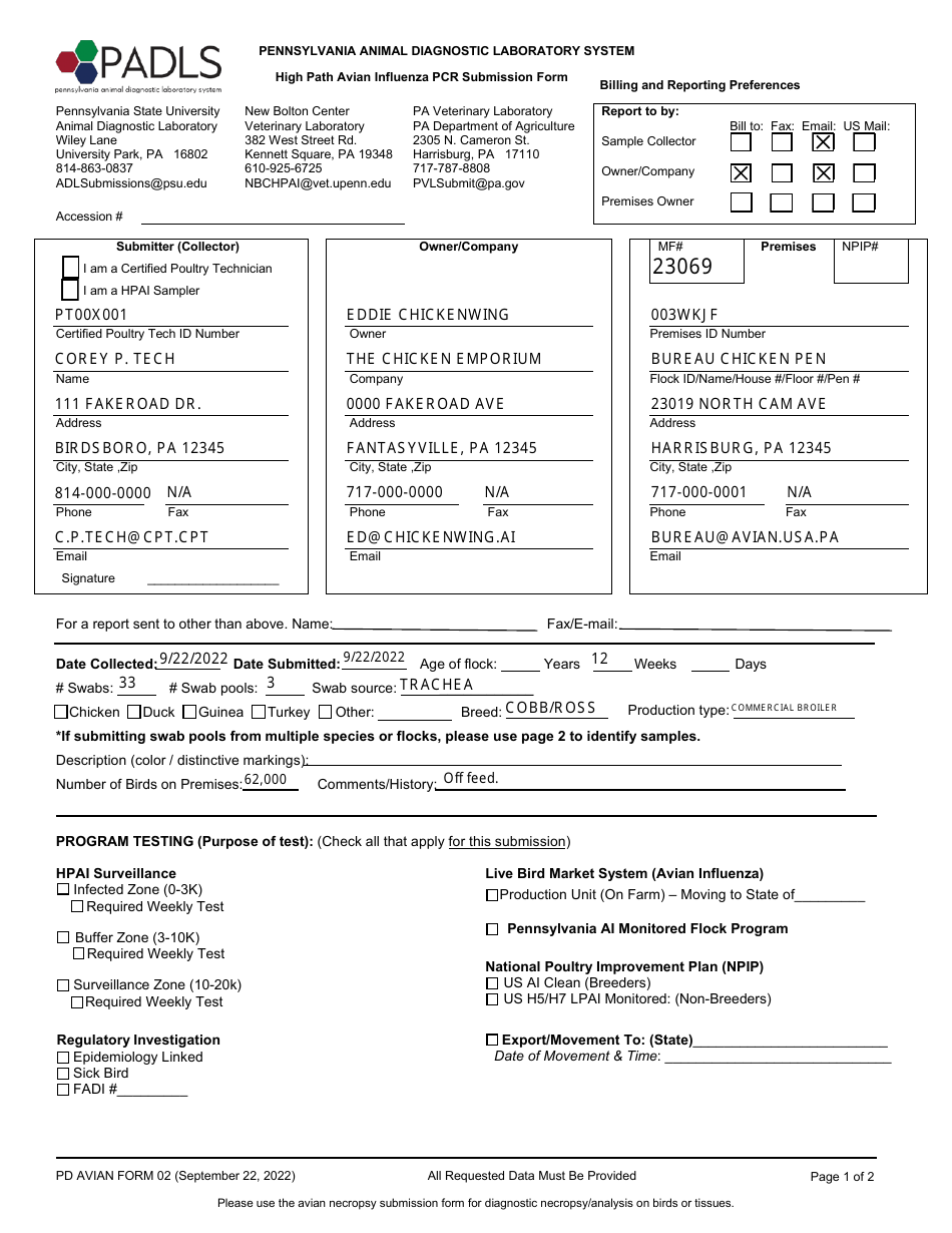 Sample PD AVIAN Form 02 High Path Avian Influenza Pcr Submission Form - Pennsylvania, Page 1