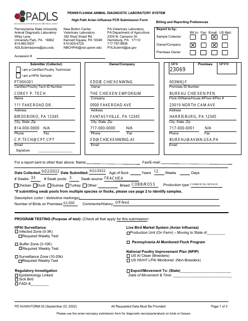 Sample PD AVIAN Form 02 High Path Avian Influenza Pcr Submission Form - Pennsylvania