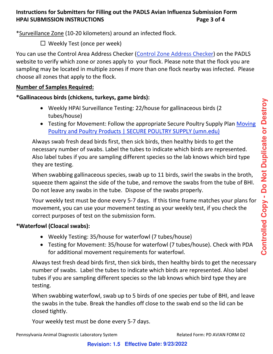Instructions for PD AVIAN Form 02 High Path Avian Influenza Pcr Submission Form - Pennsylvania, Page 3