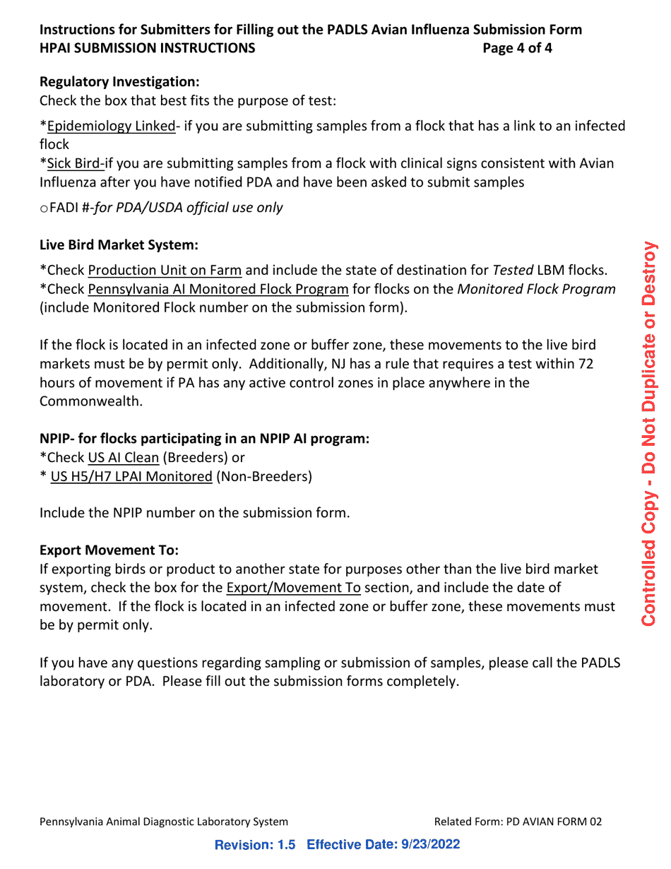 Instructions for PD AVIAN Form 02 High Path Avian Influenza Pcr Submission Form - Pennsylvania, Page 4
