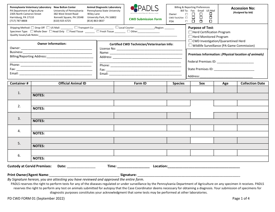 PD CWD Form 01 Cwd Submission Form - Pennsylvania, Page 1