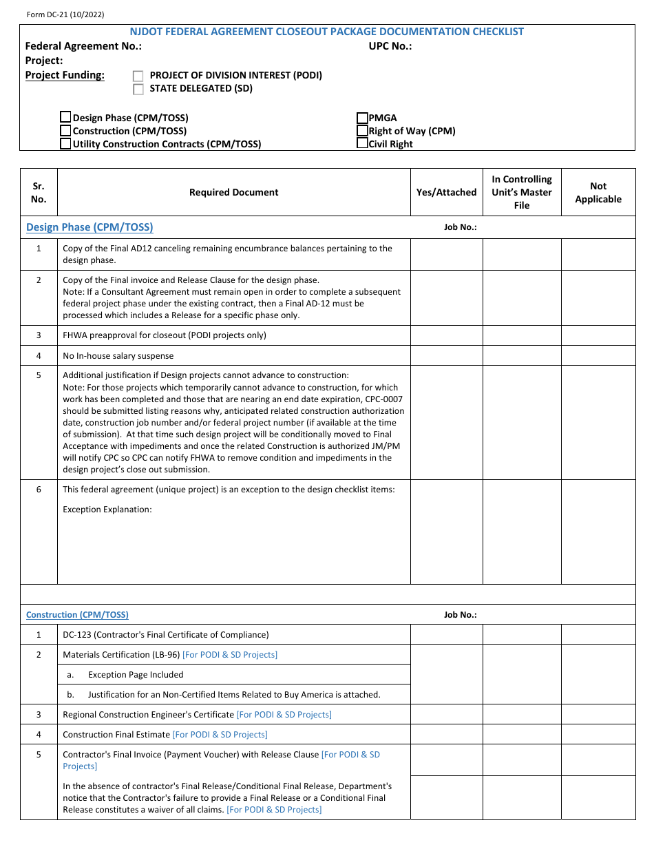 Form DC-21 Njdot Federal Agreement Closeout Package Documentation Checklist - New Jersey, Page 1