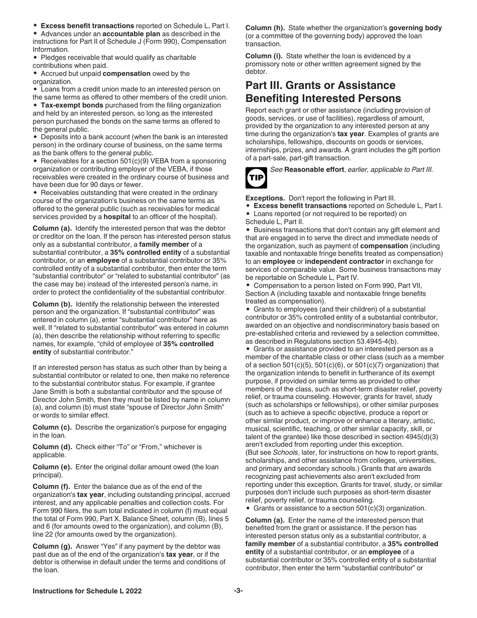 Instructions for IRS Form 990 Schedule L Transactions With Interested Persons, Page 3