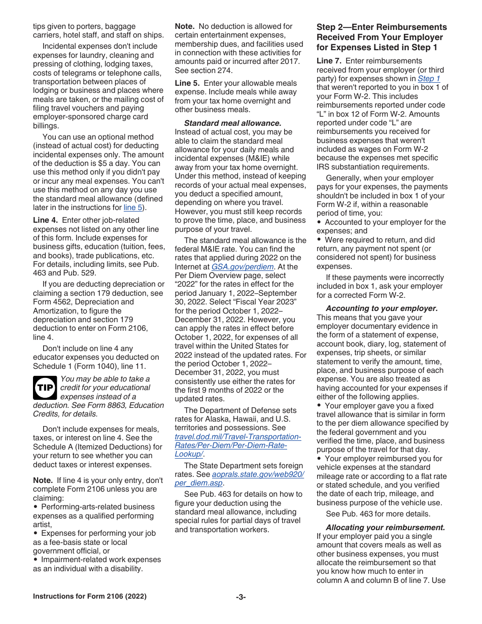 Instructions for IRS Form 2106 Employee Business Expenses, Page 3