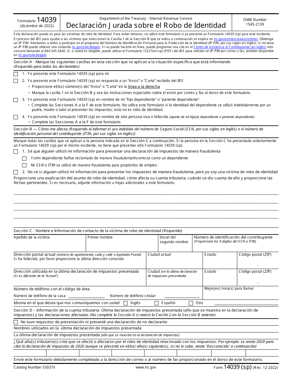 IRS Formulario 14039 (SP) Declaracion Jurada Sobre El Robo De Identidad (Spanish), Page 1