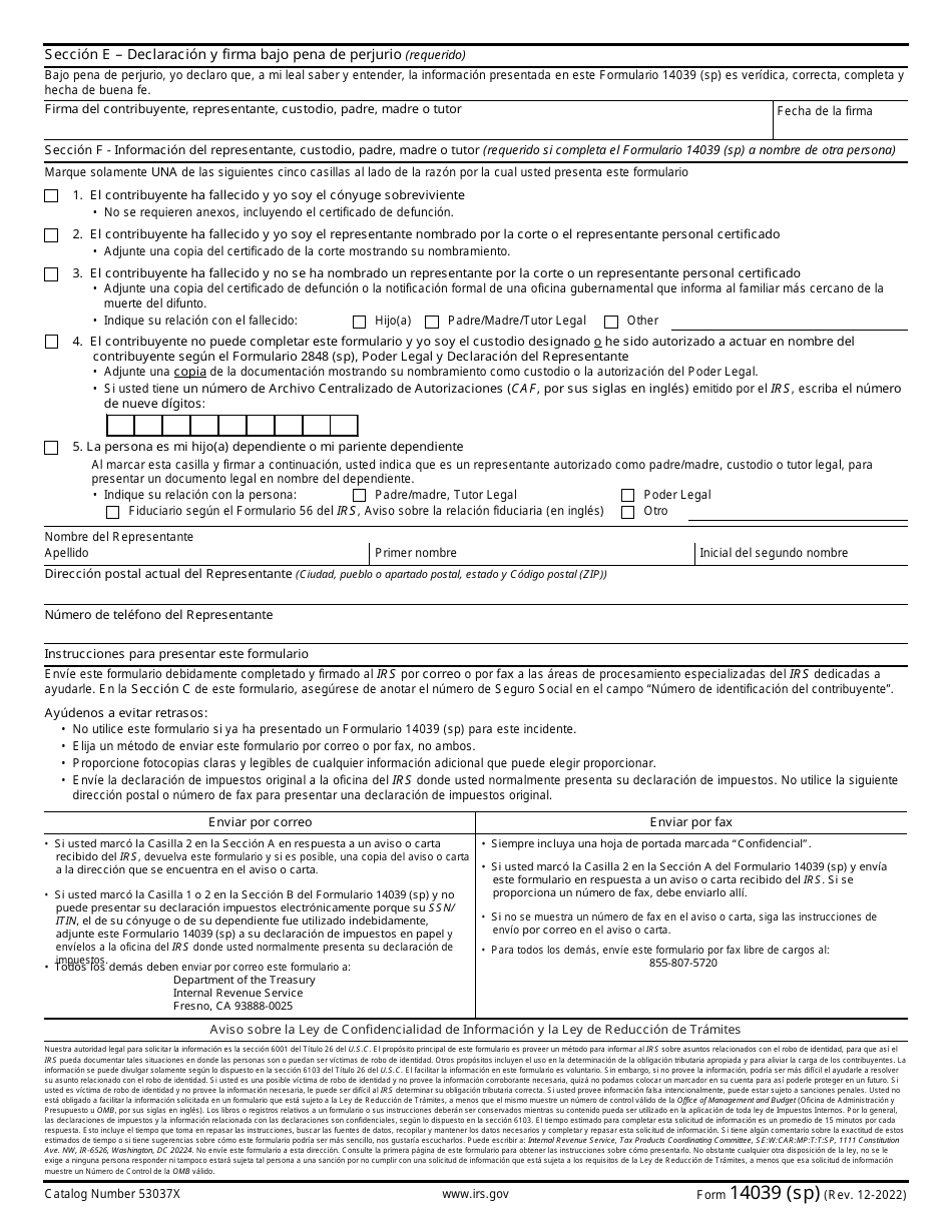 IRS Formulario 14039 (SP) Declaracion Jurada Sobre El Robo De Identidad (Spanish), Page 2
