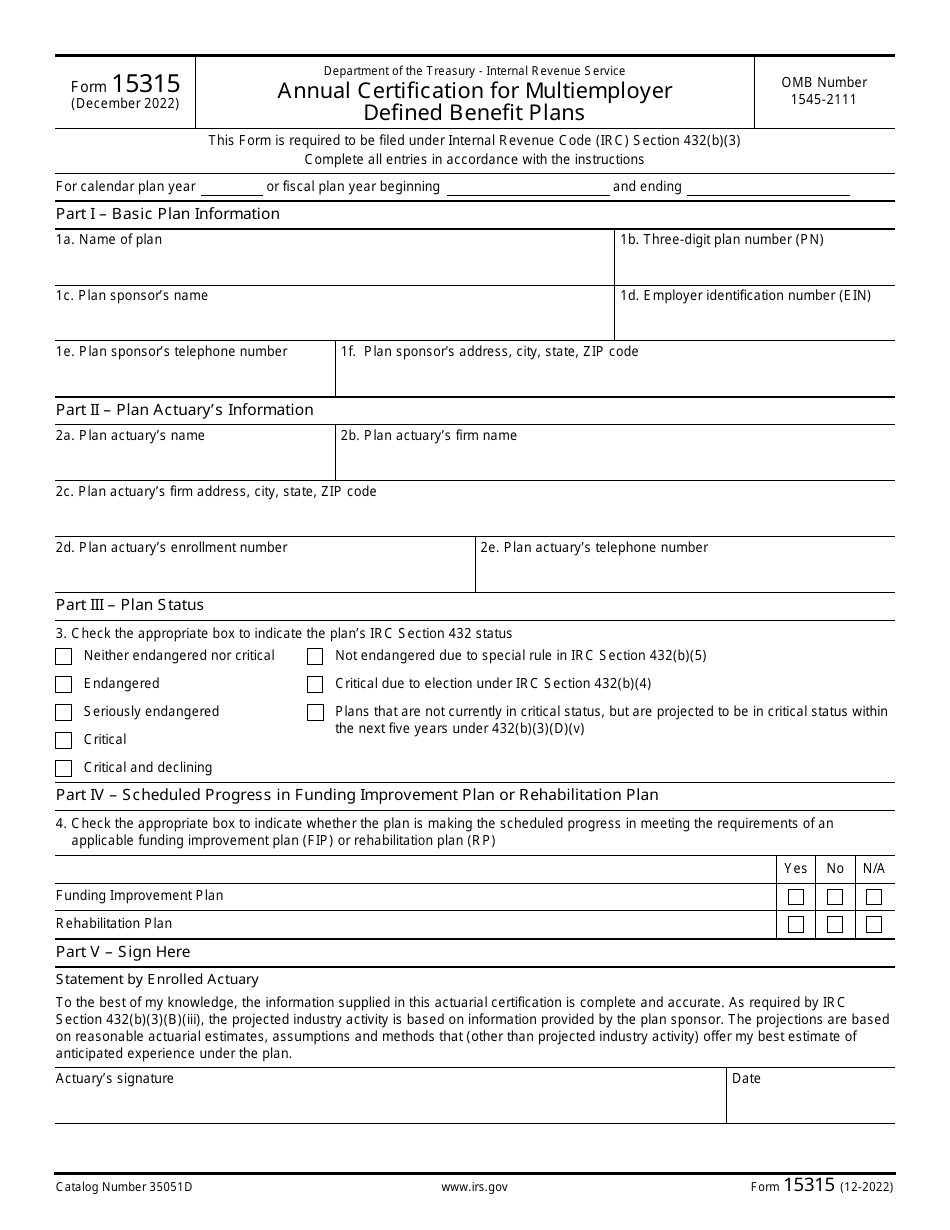 IRS Form 15315 Annual Certification for Multiemployer Defined Benefit Plans, Page 1