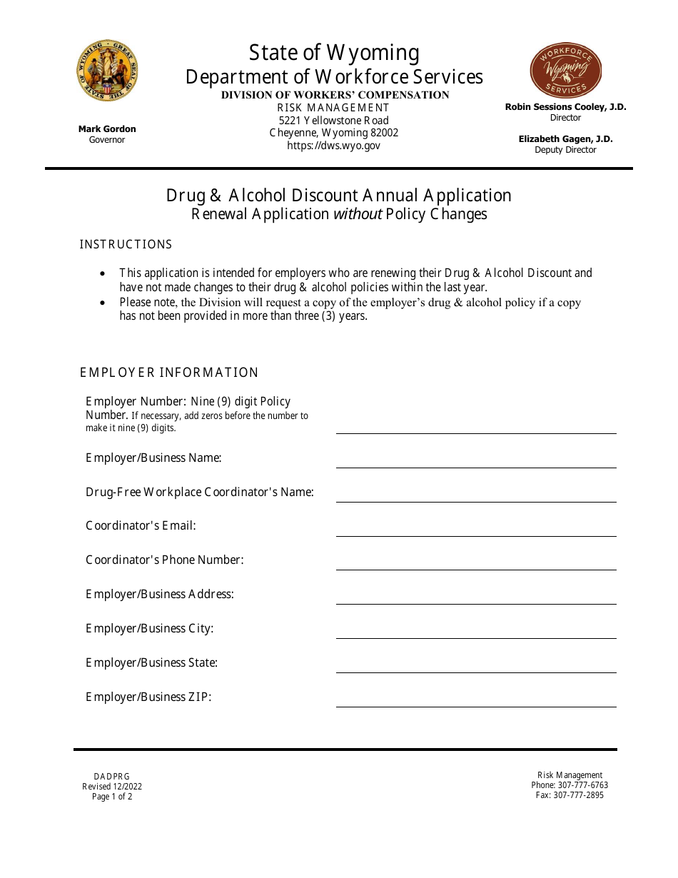 Drug  Alcohol Discount Annual Application - Renewal Application Without Policy Changes - Wyoming, Page 1