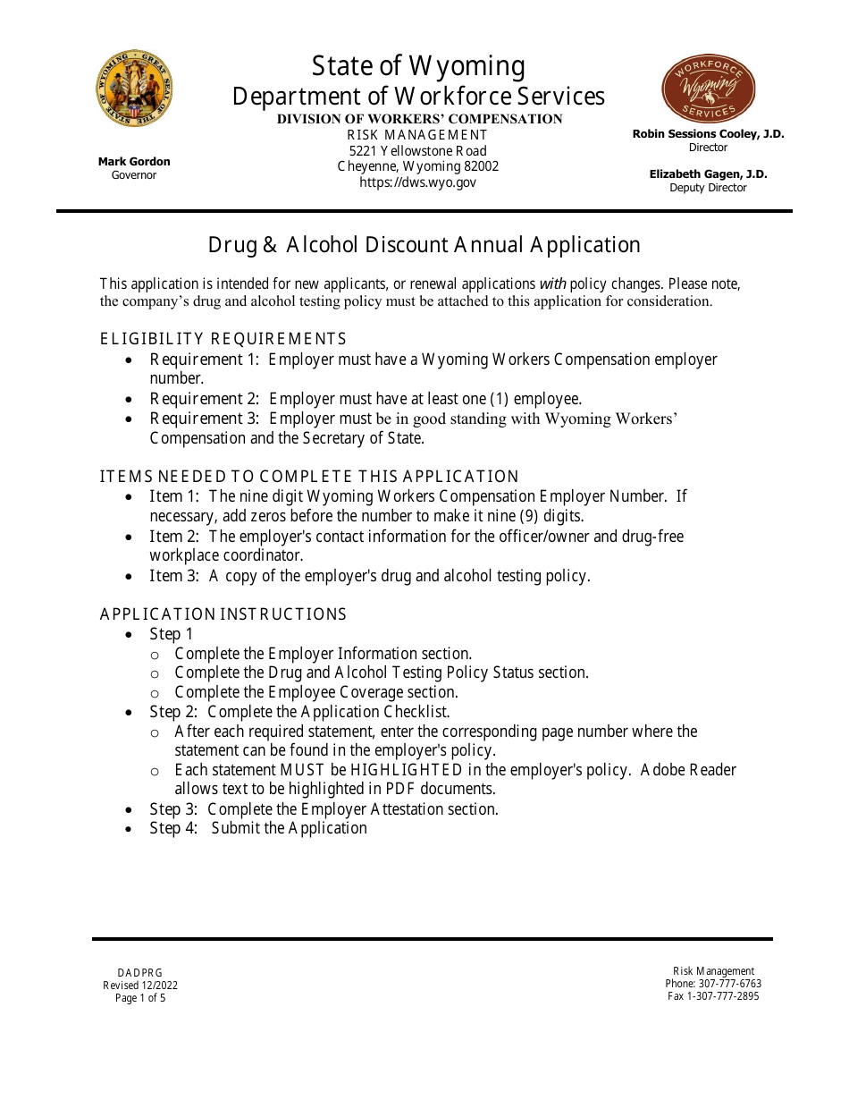 New Application / Renewal With Policy Changes - Drug  Alcohol Discount Program - Wyoming, Page 1