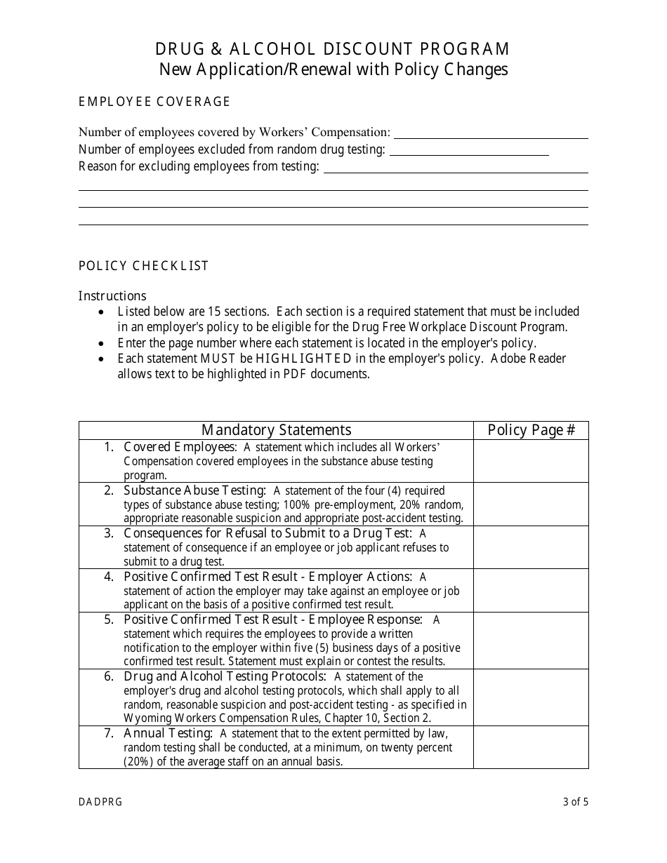 Wyoming New Application/Renewal With Policy Changes - Drug & Alcohol ...