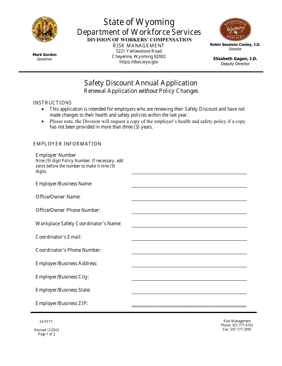 Safety Discount Annual Application - Renewal Application Without Policy Changes - Wyoming, Page 1
