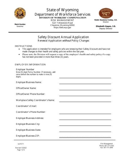 Safety Discount Annual Application - Renewal Application Without Policy Changes - Wyoming Download Pdf