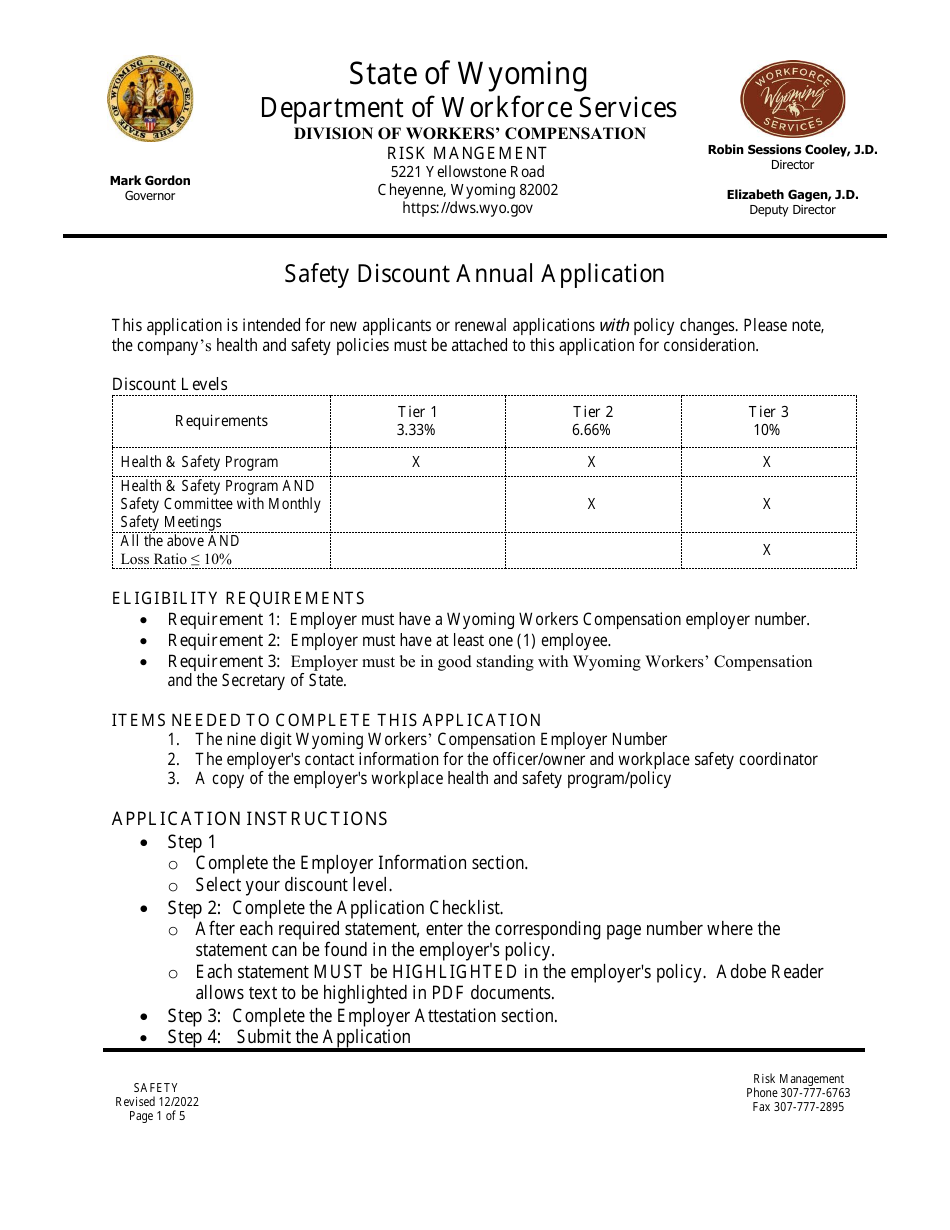 New Application / Renewal With Policy Changes - Safety Discount Program - Wyoming, Page 1