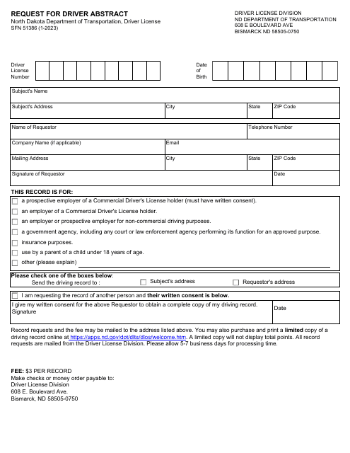 Form SFN51386 Request for Driver Abstract - North Dakota