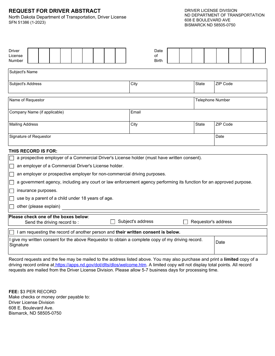Form SFN51386 Request for Driver Abstract - North Dakota, Page 1