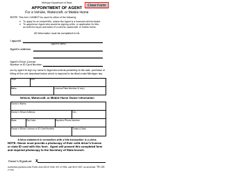 Document preview: Form TR-128 Appointment of Agent for a Vehicle, Watercraft, or Mobile Home - Michigan