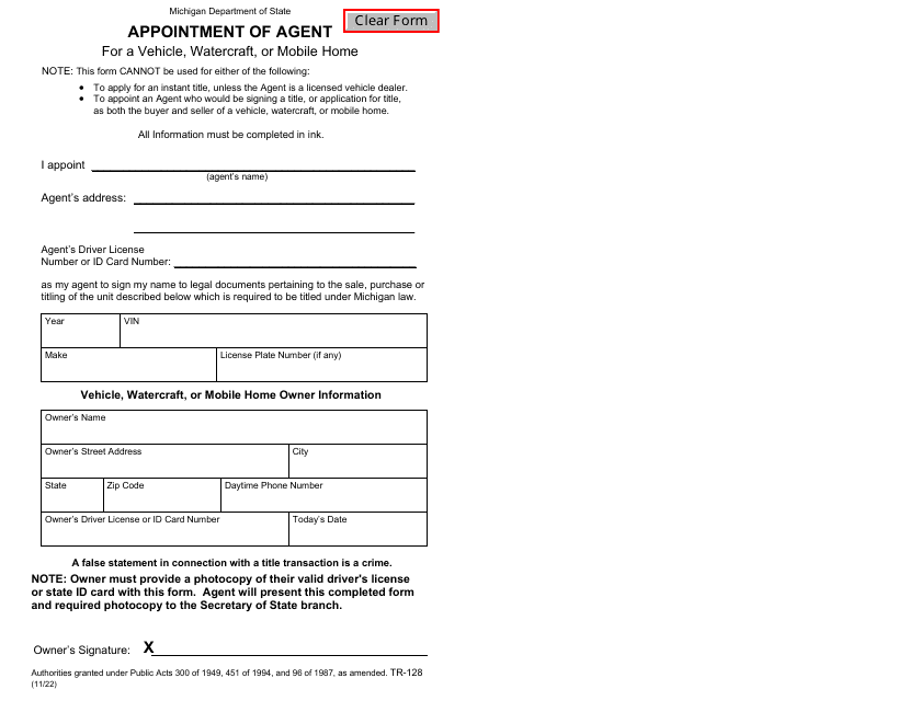Form TR-128 Appointment of Agent for a Vehicle, Watercraft, or Mobile Home - Michigan