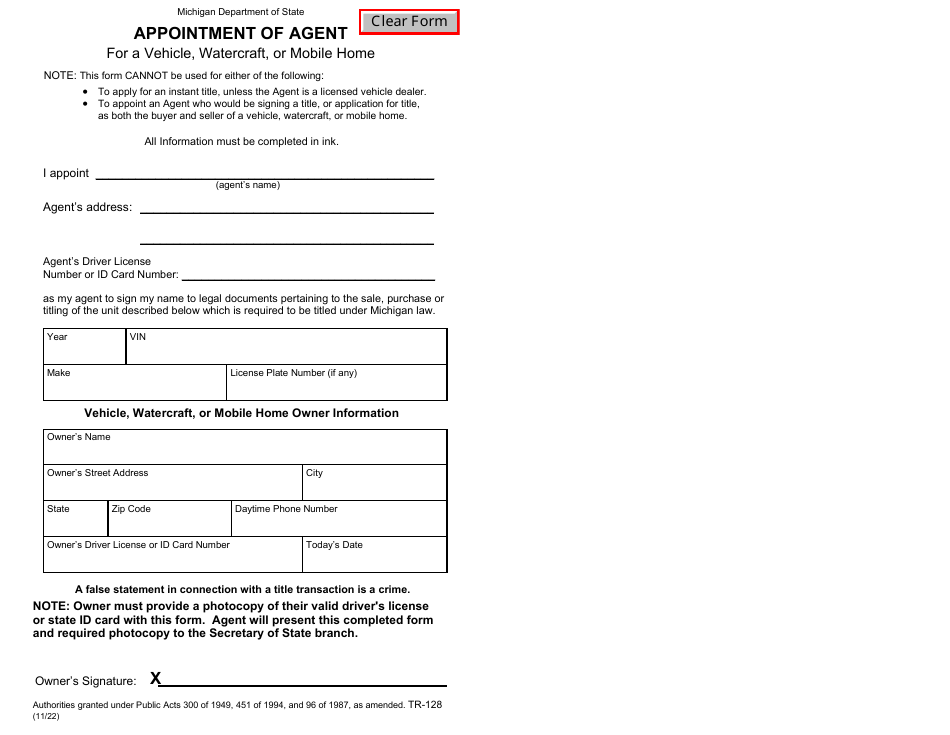 Form TR-128 Appointment of Agent for a Vehicle, Watercraft, or Mobile Home - Michigan, Page 1