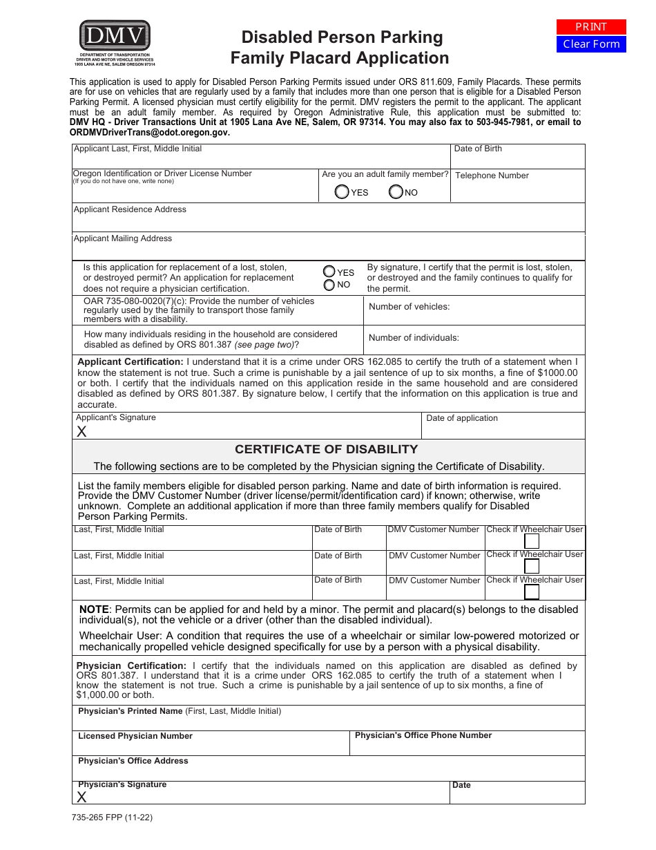Form 735-265 FPP Disabled Person Parking Family Placard Application - Oregon, Page 1