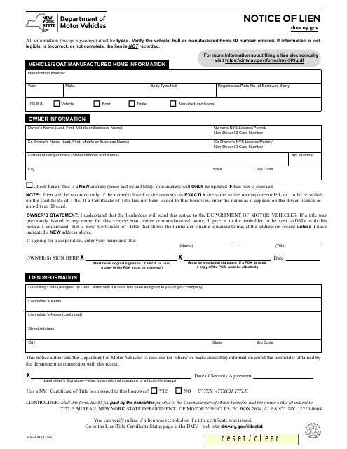 Form MV-900 Notice of Lien - New York