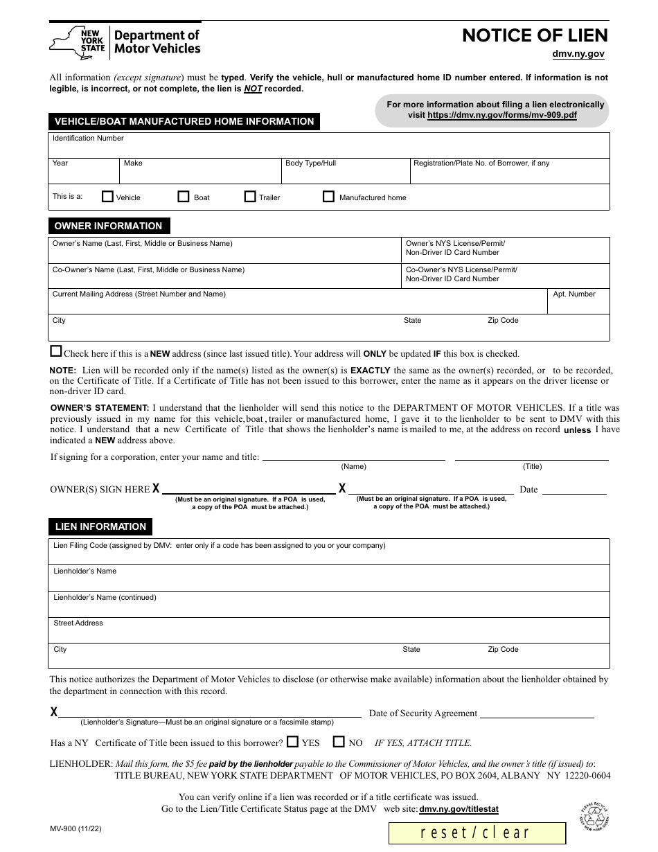 Form MV-900 Download Fillable PDF or Fill Online Notice of Lien, New ...