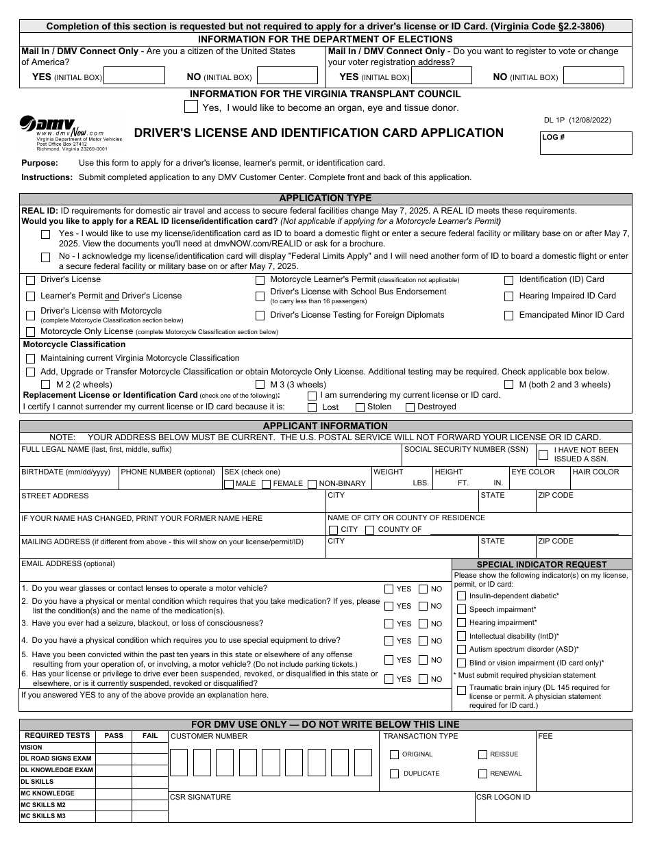Form DL1P Drivers License and Identification Card Application - Virginia, Page 1