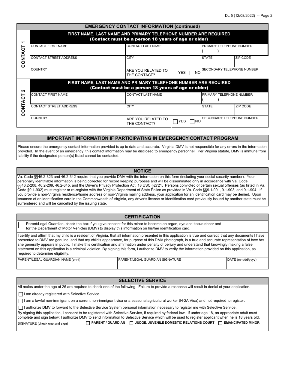 Form DL5 Identification Card Application for Minors Under Age 15 - Virginia, Page 2