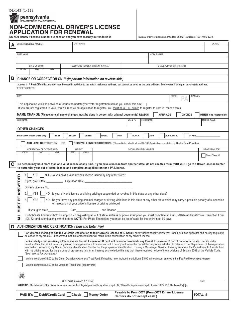 Form DL-143 Non-commercial Drivers License Application for Renewal - Pennsylvania, Page 1