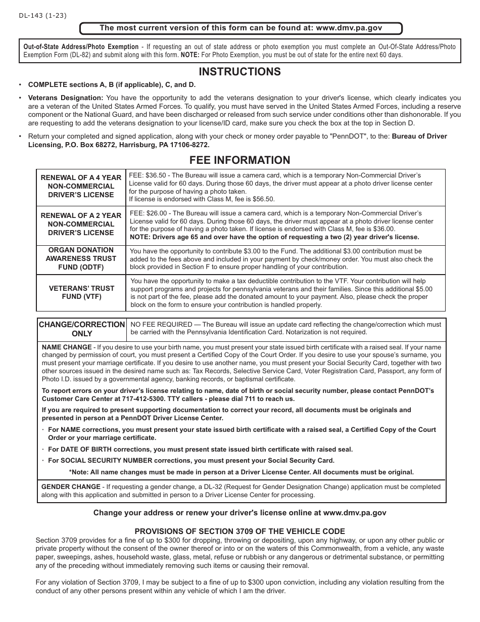 Form DL-143 Non-commercial Drivers License Application for Renewal - Pennsylvania, Page 2