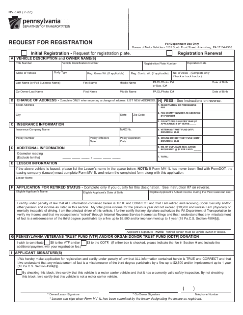 Form MV-140  Printable Pdf