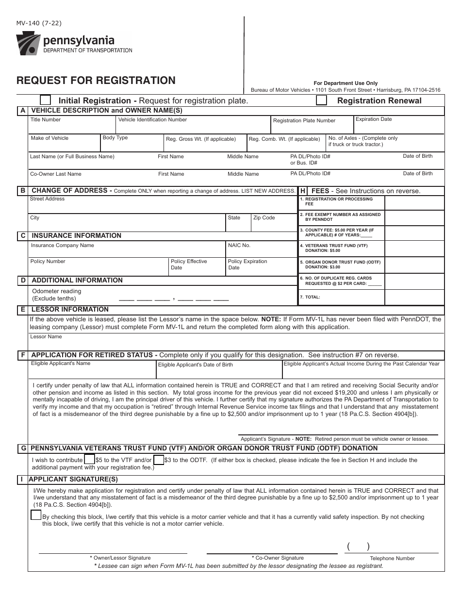 Form MV-140 Request for Registration - Pennsylvania, Page 1