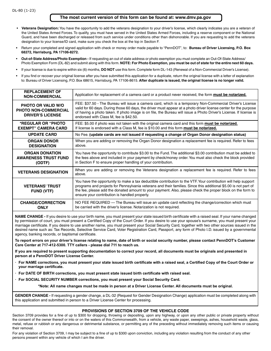 Form DL-80 Non-commercial Drivers License - Application for Change / Correction / Replacement - Pennsylvania, Page 2
