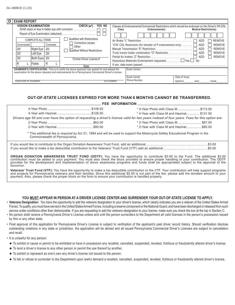 Form DL-180RCD Application for Pennsylvania Commercial Drivers License by Out-of-State Cdl Driver - Pennsylvania, Page 2