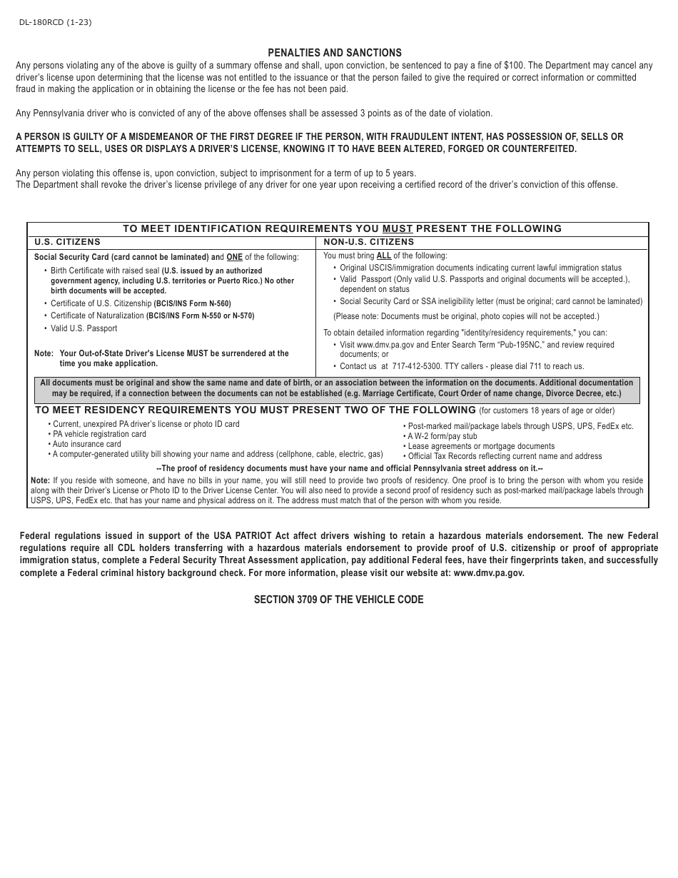 Form DL-180RCD Application for Pennsylvania Commercial Drivers License by Out-of-State Cdl Driver - Pennsylvania, Page 3